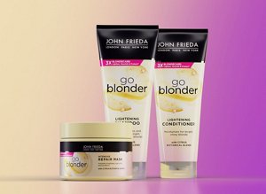 John Frieda Go Blonder range against a pink and yellow background
